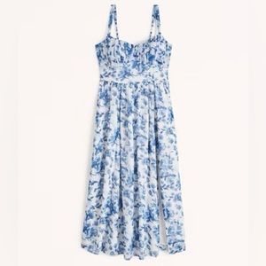 Abercrombie and Fitch Ruched Chiffon Midi Dress Navy Blue Floral Large